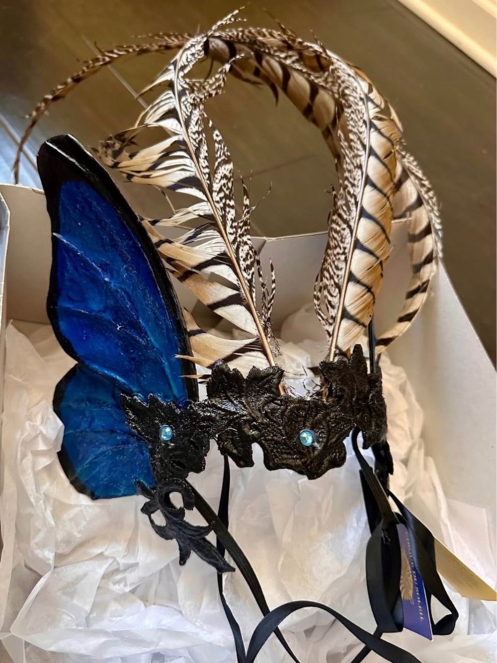 Blue Feather and Lace Hair Crown with Natural Pheasant Plumes